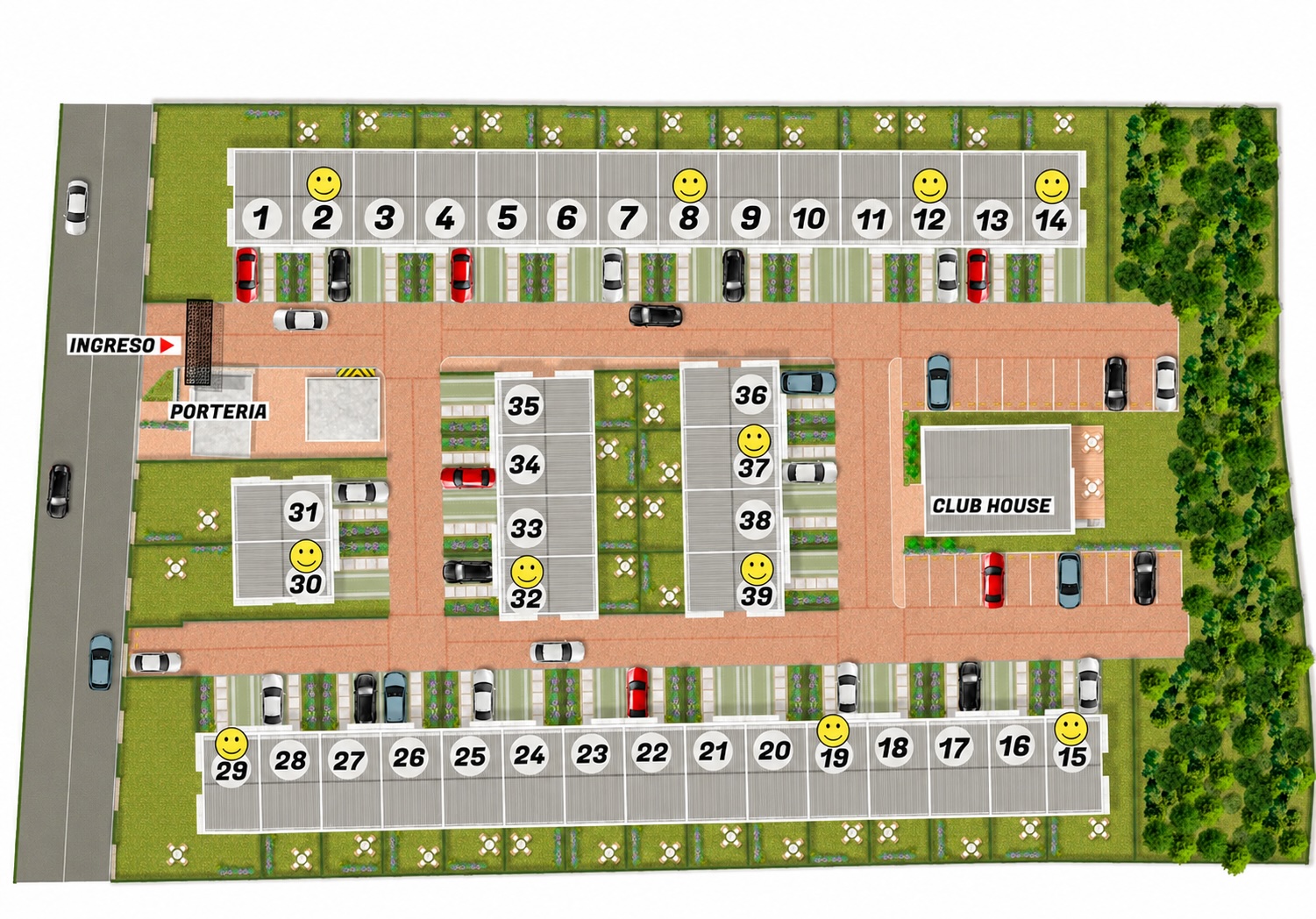 Urbanismo general BOSCO Reservado — plano de las 39 unidades, ingreso, portería y club house