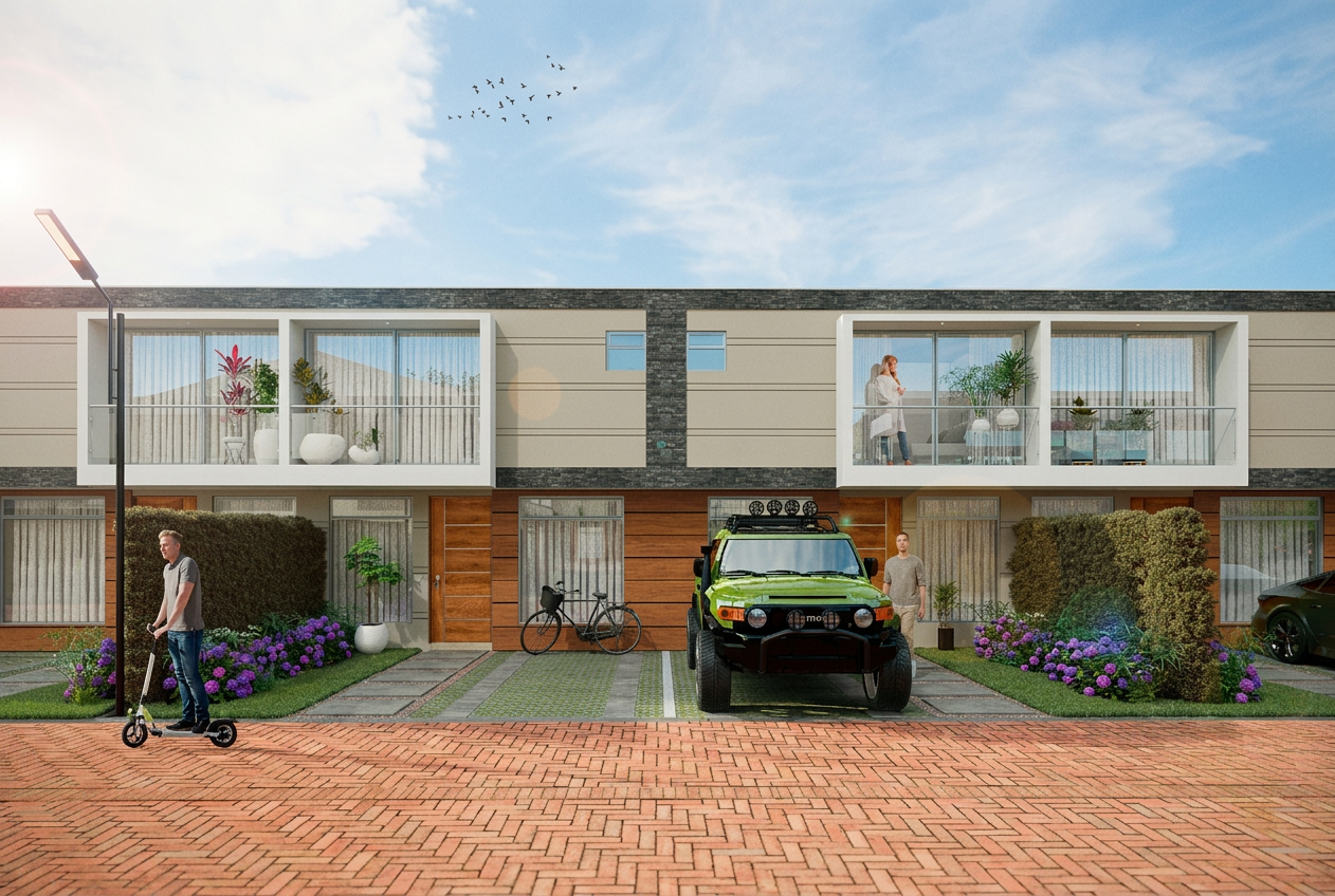 Render de fachada interna de casas medianeras Bosco Reservado con balcones, madera y piedra natural