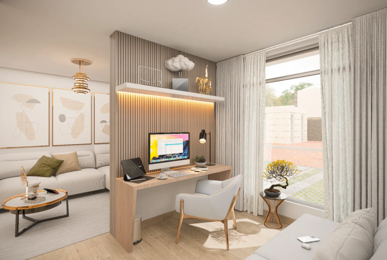 Render del estudio en primer piso de Bosco Reservado con escritorio en madera, panel de listones, ventanal y salida al patio