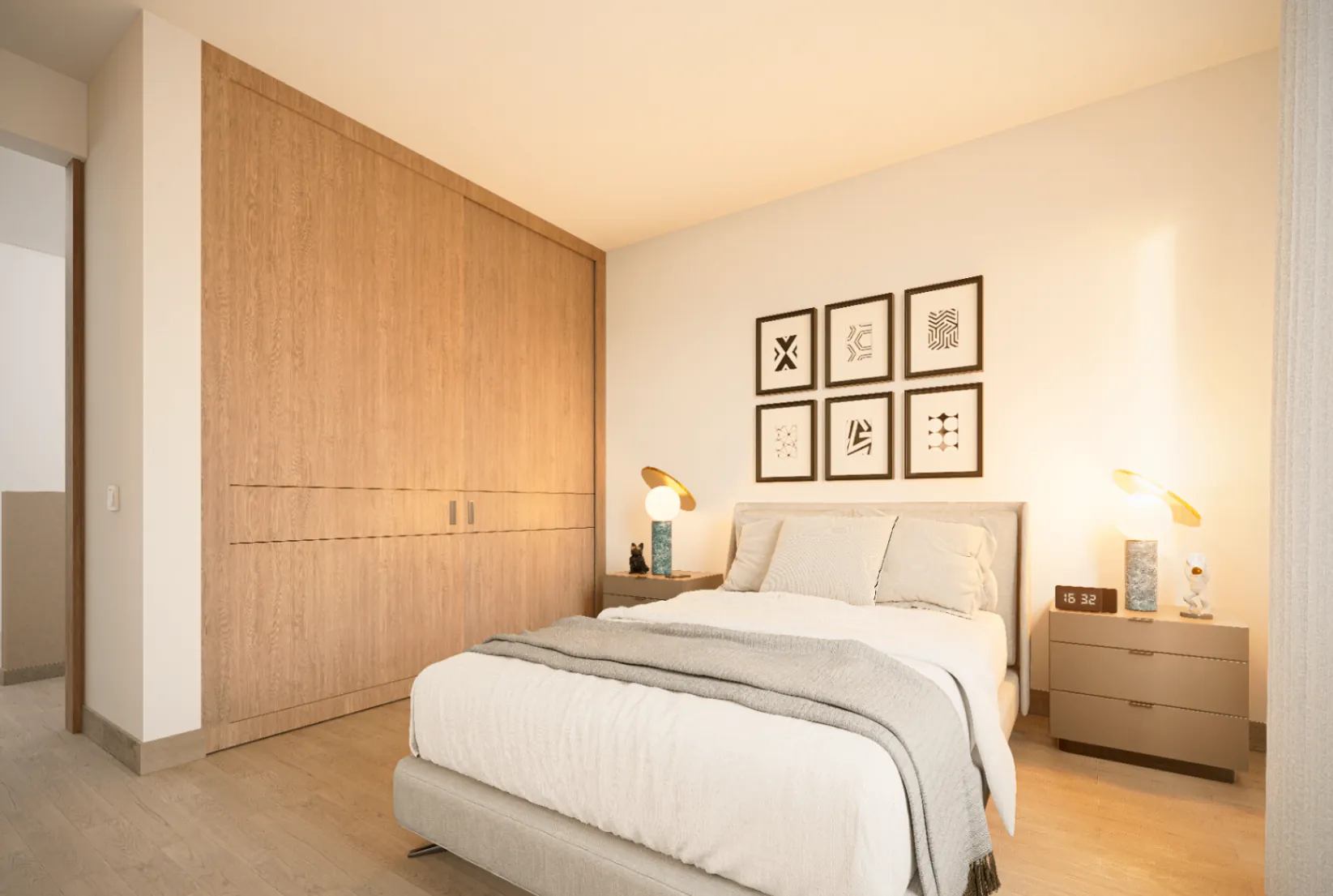 Render de la habitación auxiliar de Bosco Reservado con closet empotrado en madera, galería de arte enmarcado y luz natural cálida