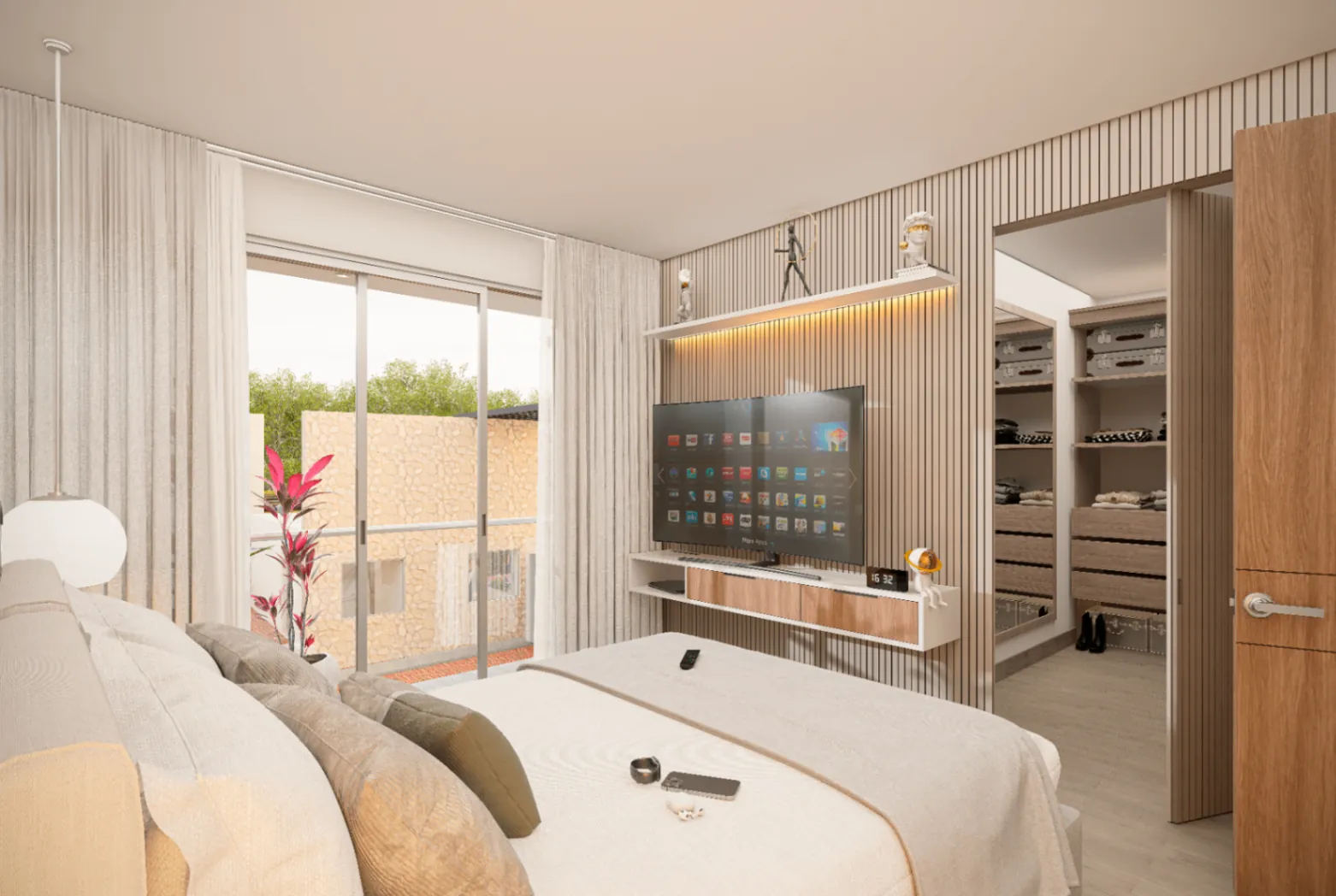 Render de la habitación principal de Bosco Reservado con TV en panel de listones de madera, walk-in closet integrado y salida a balcón