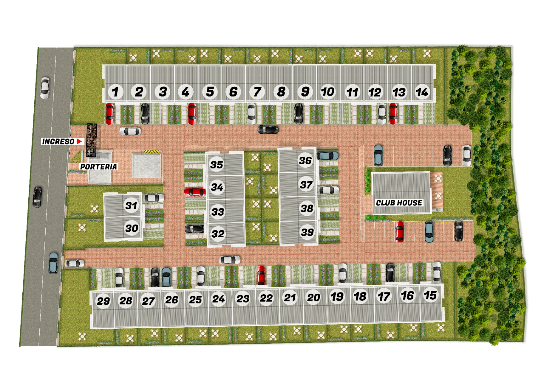 Urbanismo general BOSCO Reservado — distribución de 39 casas, portería, club house, parqueaderos de visitantes y zonas verdes